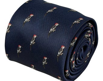 Woodpecker Tie, Navy Blue Bird Necktie, Bird Lover Gift, Wildlife & Nature Tie, Quirky Mens 8cm Tie – Frederick Thomas London