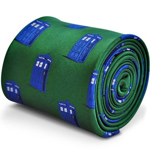 green tie with blue policeman tardis box embroidered design with signature floral design to the rear by Frederick Thomas FT3227 image 1