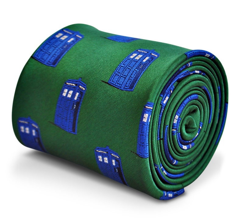 green tie with blue policeman tardis box embroidered design with signature floral design to the rear by Frederick Thomas FT3227 image 1