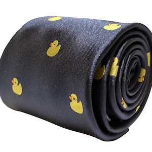 navy men-s tie with yellow rubber duck embroidered design by Frederick Thomas