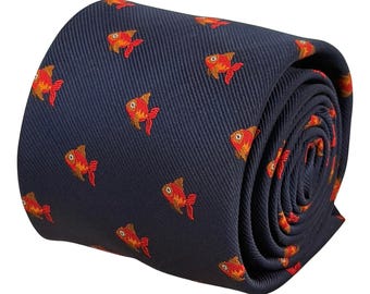 Navy Blue Goldfish Tie, Orange Fish Novelty Mens Necktie, 8cm Classic Business Tie, Fishing Fish Lover Gift – Frederick Thomas