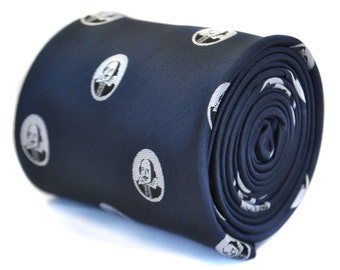 navy blue tie with William Shakespeare design with signature floral design to the rear by Frederick Thomas FT2126