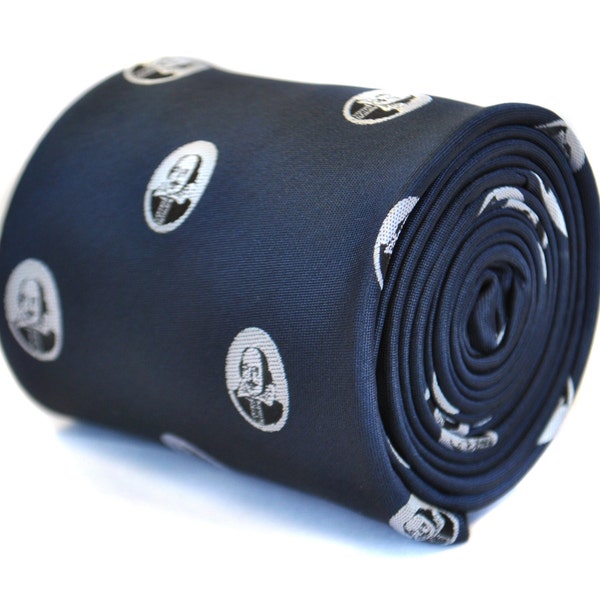 navy blue tie with William Shakespeare design with signature floral design to the rear by Frederick Thomas FT2126