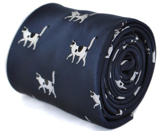 navy tie with black and white cat design by Frederick Thomas FT1878