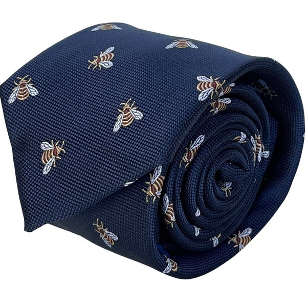 navy dark blue mens tie or bow-tie adults or kids pocket square handkerchief matching with honey bumble-bee design by Frederick Thomas Ties