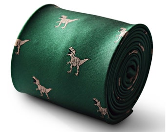 dark green tie with dinosaur t-rex embroidered design by Frederick Thomas FT3337