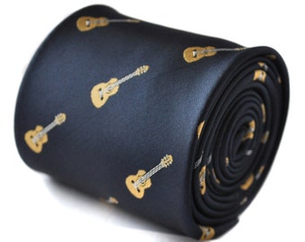 navy tie with acoustic guitar embroidered design with signature floral design to the rear by Frederick Thomas FT1522