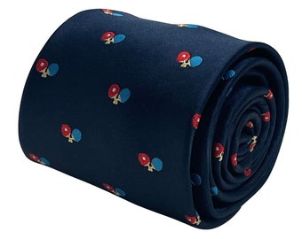 Frederick Thomas navy blue mens classic tie with ping pong table tennis bat design