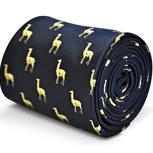 May include: A dark blue necktie with a repeating pattern of gold llamas. The tie is rolled up and the pattern is visible on the side.