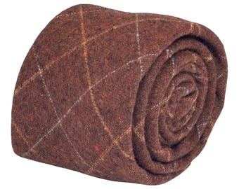 rust maroon brown tie 100% wool checked design rusett auburn 8cm classic width tweed by Frederick Thomas