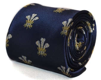 navy prince of wales feathers tie  with signature floral design to the rear by Frederick Thomas FT648