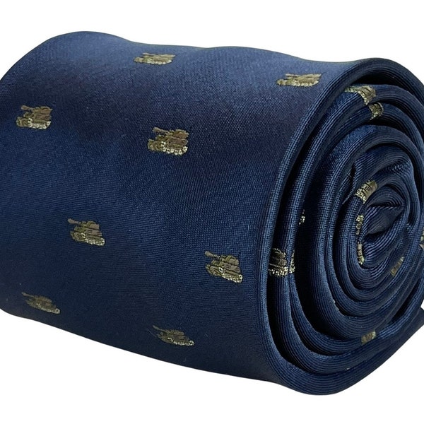 navy blue tie with army tank camo design by Frederick Thomas