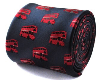 navy blue tie with london bus design by Frederick Thomas quintessentially british