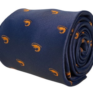 navy mens tie with prawn shellfish quirky design by Frederick Thomas