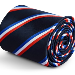 navy tie with French flag red, white and blue stripe with signature floral design to the rear by Frederick Thomas FT3254