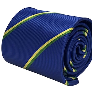 May include: Rolled blue tie featuring diagonal stripes in yellow and green. The tie is made from a ribbed fabric and is tightly rolled, displaying the pattern and texture. A classic design, suitable for formal or business wear.