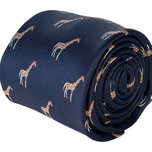 navy blue tie with giraffe embroidered design by Frederick Thomas