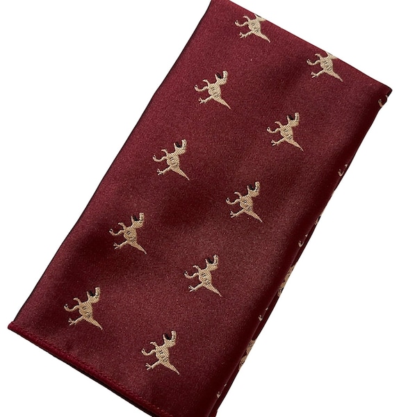 Frederick Thomas maroon pocket square with dinosaur t-rex embroidered design