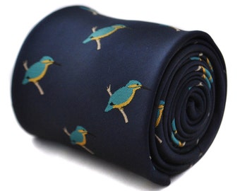 Navy tie with kingfisher design  by Frederick Thomas FT1790