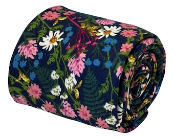 dark blue navy & pink floral mens cotton tie classic 8cm width english wildflower garden by Frederick Thomas