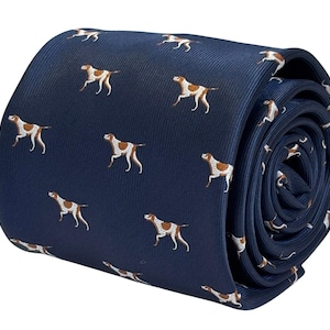 May include: A navy blue silk tie with a repeating pattern of brown and white hunting dogs.