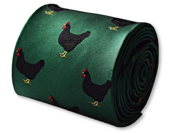 dark emerald green men-s tie with black chicken rooster quirky embroidered design  by Frederick Thomas