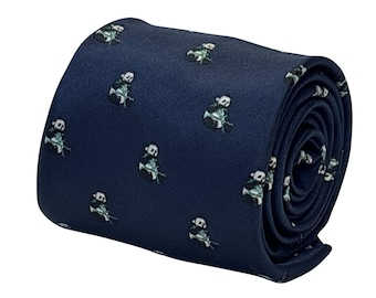 May include: Rolled navy blue tie featuring a repeating pattern of small panda bear illustrations. The pandas are depicted in a seated position with a white and black color scheme, adding a playful touch to the formal accessory.