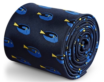 navy tie with finding dory fish embroidered design with signature floral design to the rear by Frederick Thomas FT3269