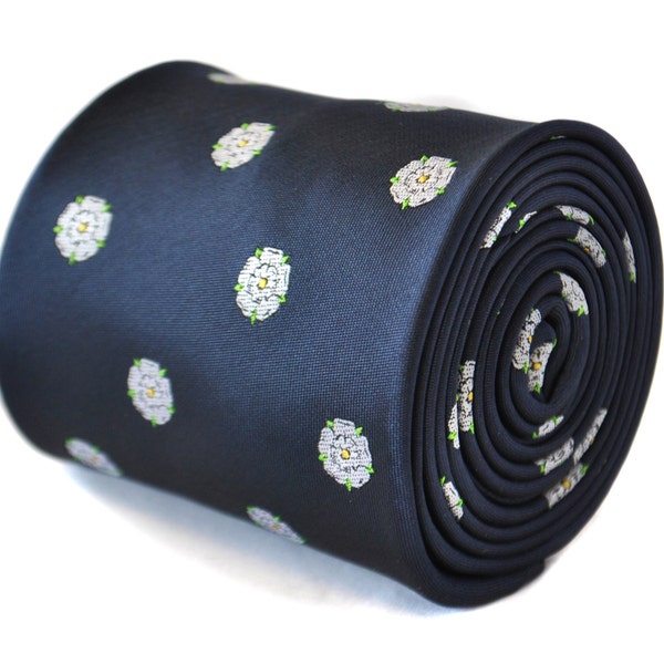 navy blue tie with white yorkshire rose design with signature floral design to the rear by Frederick Thomas FT2102