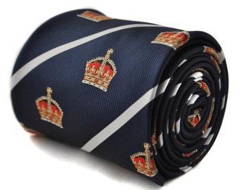 Navy tie with crown design and white stripe with signature floral design to the rear by Frederick Thomas FT1785