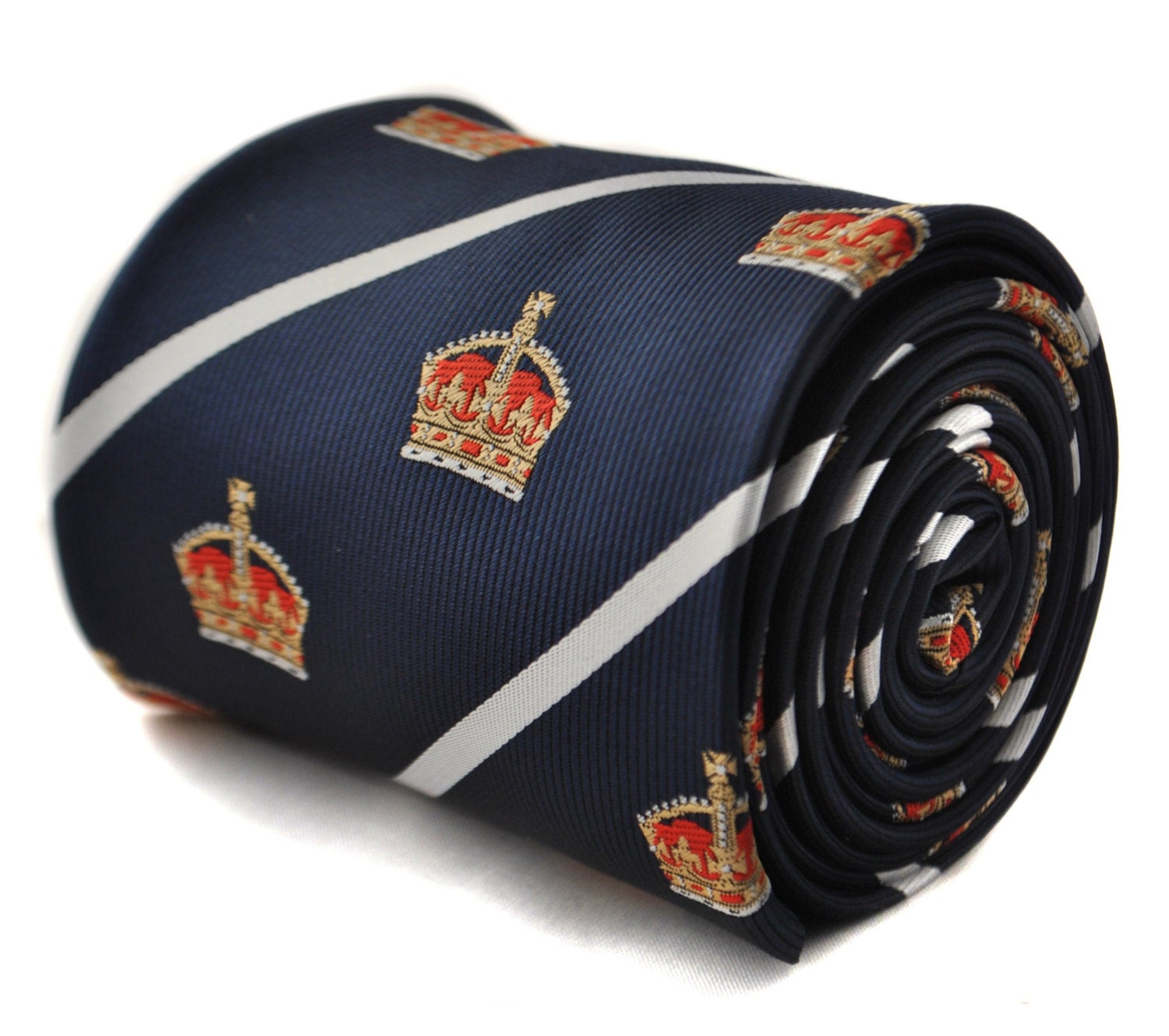 Navy tie with crown design and white stripe with signature floral design to the rear by Frederick Thomas FT1785