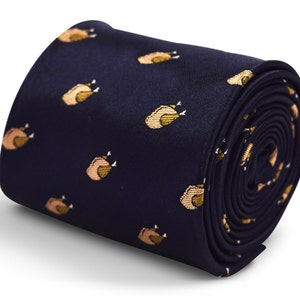 navy blue tie with thanksgiving turkey design with signature floral design to the rear by Frederick Thomas FT3315