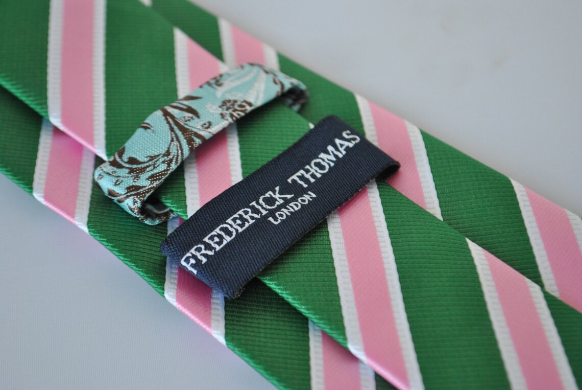Green tie with pink and white club stripes with signature | Etsy