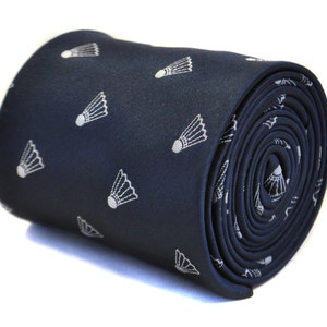 navy blue tie with embroidered badminton shuttlecock racket design with signature floral design to the rear by Frederick Thomas FT2190