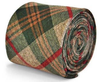 Frederick Thomas mens wool tweed tie in green, brown & red check FT3144