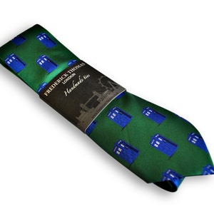 green tie with blue policeman tardis box embroidered design with signature floral design to the rear by Frederick Thomas FT3227 image 5