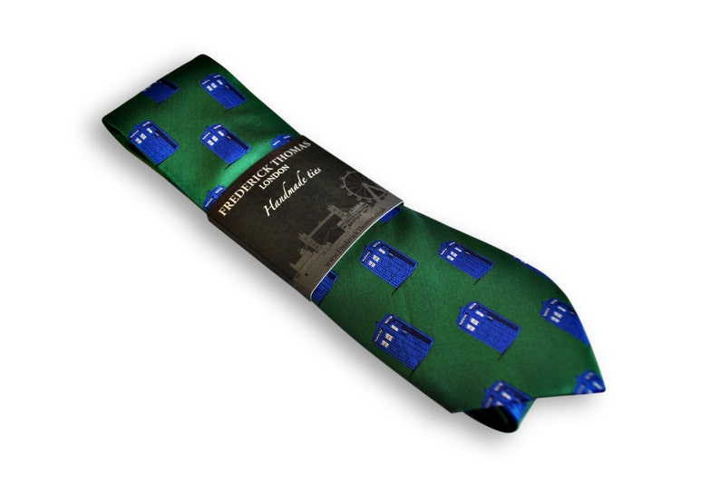 green tie with blue policeman tardis box embroidered design with signature floral design to the rear by Frederick Thomas FT3227 image 5