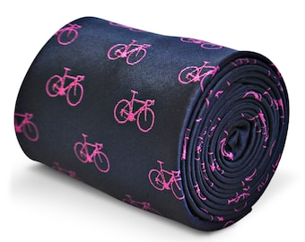 navy blue tie with pink bicycle design with signature floral design to the rear by Frederick Thomas FT3211