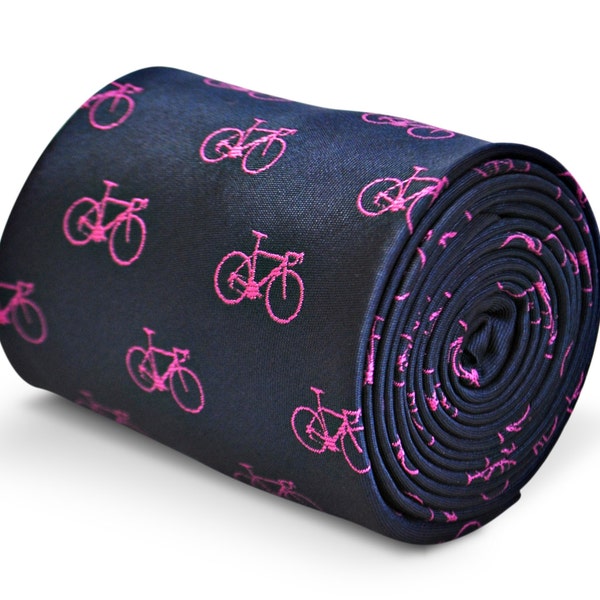 navy blue tie with pink bicycle design with signature floral design to the rear by Frederick Thomas FT3211