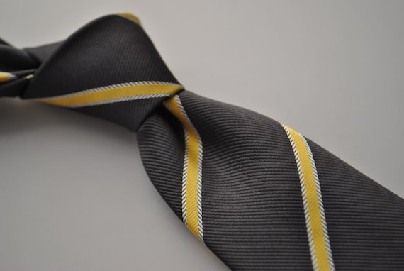 Dark Grey and Yellow Club Striped Tie With Signature Floral