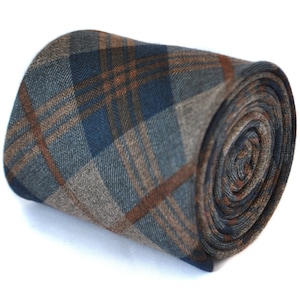 slim navy and brown 100% wool tweed check tie by Frederick Thomas