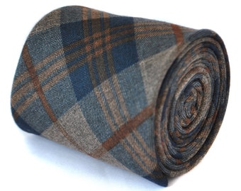 slim navy and brown 100% wool tweed check tie by Frederick Thomas FT2082
