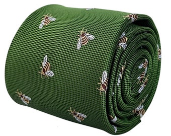 fern apple green mens tie or adult kids bow tie with honey bumble-bee design