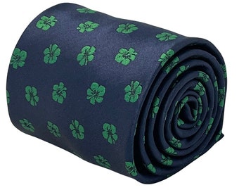 mens tie navy dark blue with tropical green Hawaiian style flower hibiscus by Frederick Thomas
