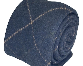 dark blue navy with orange check 100% wool tie 8cm classic width tweed by Frederick Thomas