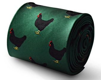 dark green tie with chicken embroidered design by Frederick Thomas FT3343