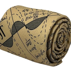 May include: A tan necktie with a black and white mathematical pattern. The pattern includes equations, graphs, and the symbol pi.