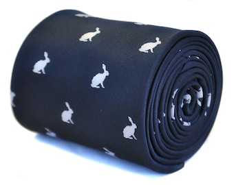 navy blue tie with rabbit design with signature floral design to the rear by Frederick Thomas FT2132