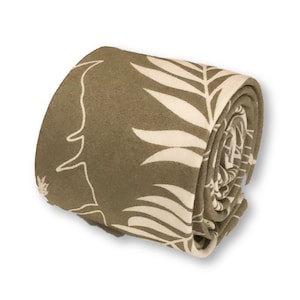 khaki green mens cotton tie with nature palm leaf design