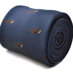 Navy tie with otter design with signature floral design to the rear by Frederick Thomas FT1800